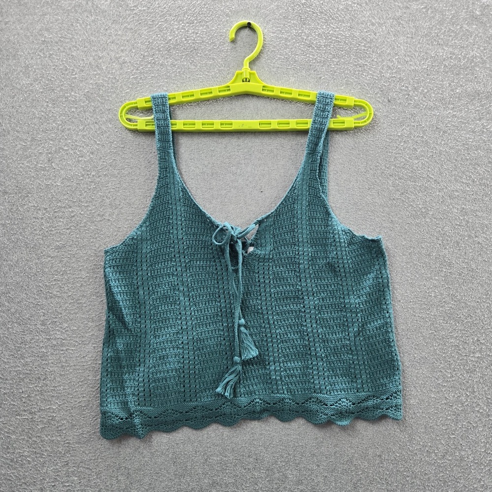 Old Navy Women Tank Top M Blue Crochet Tasseled V-Neck Pullover NWT
